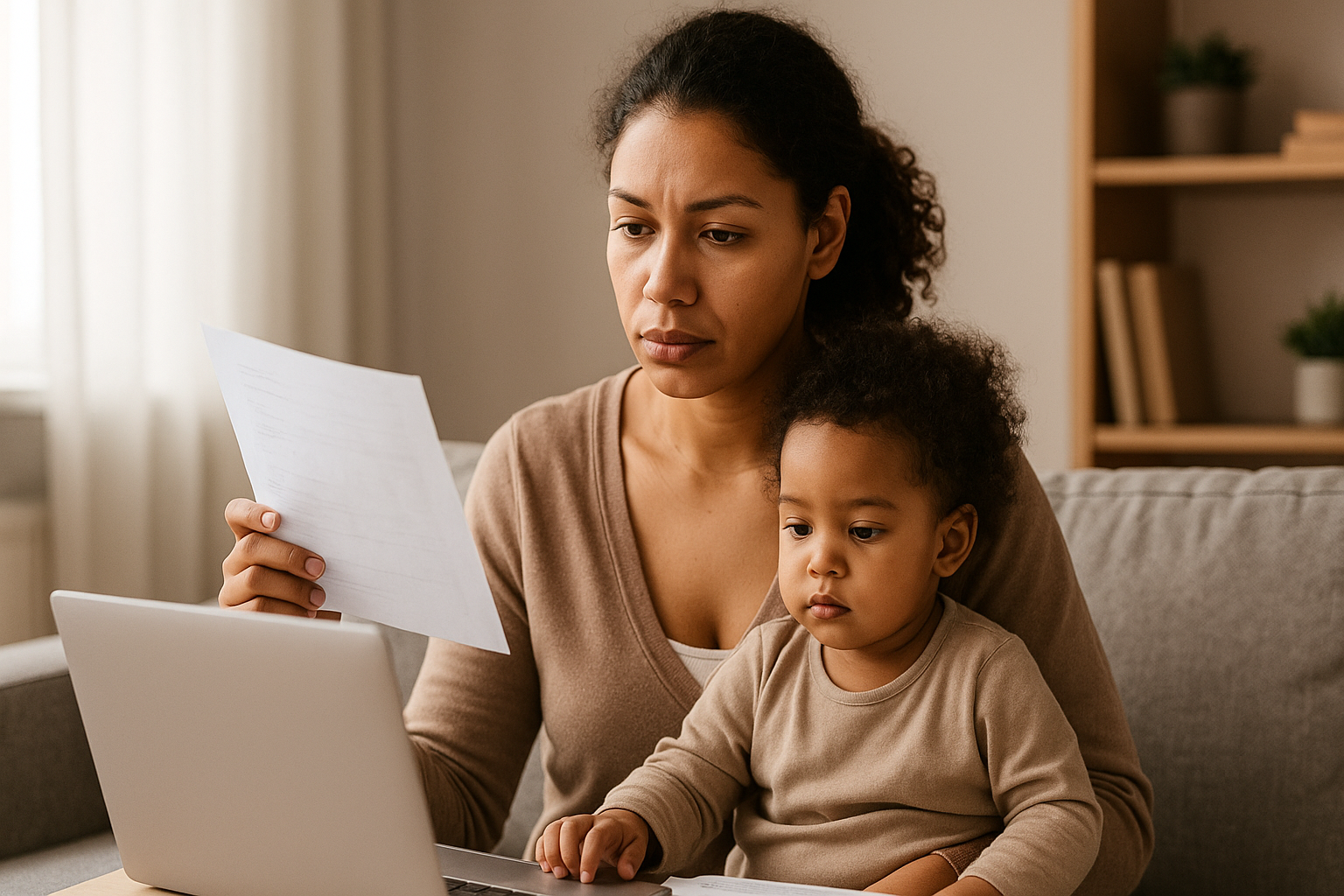 Mãe solteira concentrada com sua filha pequena no colo, analisando documentos e usando um notebook em casa.
